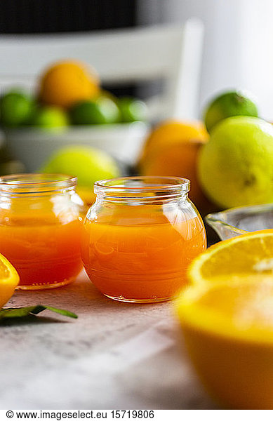 Jars of freshly squeezed orange juice