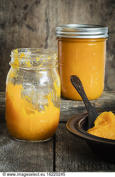 Jars of homemade pumpkin puree