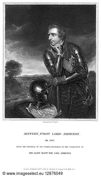 JEFFREY AMHERST (1717-97). Baron Amherst. English soldier. Line and stipple engraving after the painting by Sir Joshua Reynolds  with Amherst's army passing the rapids of the St. Lawrence River in the background.
