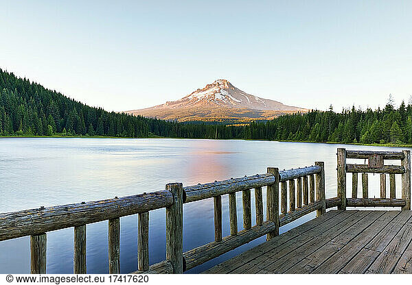 Jetty at Government Camp  Trillium lake  with a view of Mount Hood.