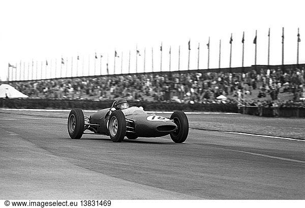 Jim Clark in a works Lotus-Climax 21 at the British Grand Prix  Aintree  England 15 July 1961.