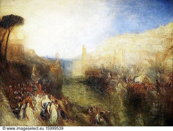 JMW Turner 1775-1851. The Departure of the Fleet  exhibited 1850. Oil paint on Canvas.