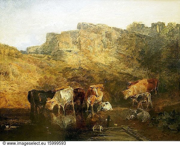 JMW Turner 1775-1851. The Quiet Ruin  Cattle in Water  A sketch  Evening ?exhibited exhibited 1809. Oil on wood.