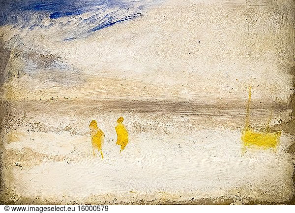JMW Turner 1775-1851. Two Figures on a Beach with a Boat. c. 1840-5. Oil paint on Board.