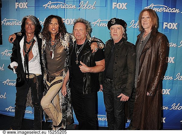 Joe Perry  Steven Tyler  Joey Kramer  Brad Whitford  and Tom Hamilton of Aerosmith pose in the press room during 'American Idol Season 11 Grand Finale' Show at Nokia Theatre L.A. Live on May 23  2012 in Los Angeles  California.