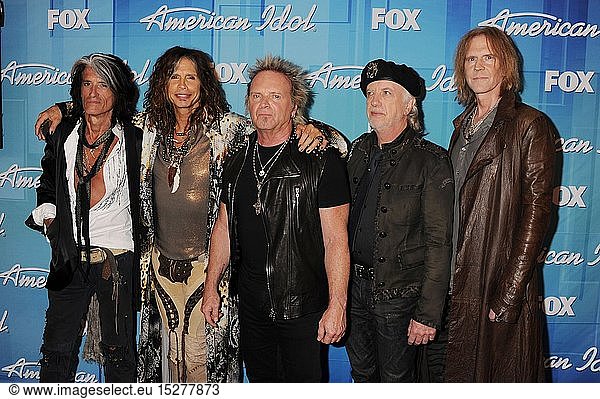 Joe Perry  Steven Tyler  Joey Kramer  Brad Whitford  and Tom Hamilton of Aerosmith pose in the press room during 'American Idol Season 11 Grand Finale' Show at Nokia Theatre L.A. Live on May 23  2012 in Los Angeles  California.