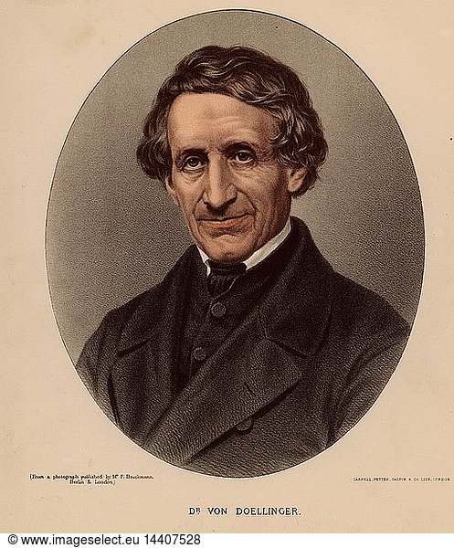 Johan Joseph Ignaz Dollinger or Doellinger (1799-1890)  German Roman Catholic theologian  ordained in 1822. Professor of church history and ecclesiastical law  Munich University. He opposed the idea of papal infallibility and refused to accept it when the Vatican Council pronounced it to be a doctrine in 1870. In 1871 he was defrocked and excommunicated. The German "Old Catholics" looked on him as a leader  a role he rejected. From "The Modern Portrait Gallery" (London  c1880). Tinted lithograph.