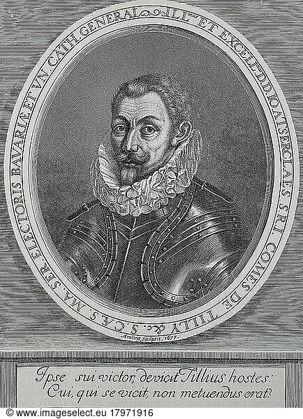 Johann  John oder Jean TSerclaes von Tilly  Februar 1559  30. April 1632  war ein niederländischer Graf  der während des Dreißigjährigen Krieges als Oberbefehlshaber sowohl der Katholischen Liga als auch ab 1630 der kaiserlichen Armee diente  Historisch  digital restaurierte Reproduktion einer Originalvorlage aus dem 19. Jahrhundert  genaues Originaldatum nicht bekannt
