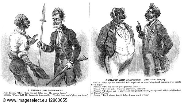 JOHN BROWN CARTOON  1859. A northern view on the slave population's reaction to John Brown's raid on Harpers Ferry  Virginia.