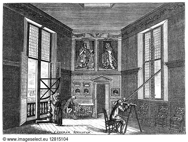 JOHN FLAMSTEED  c1700. Royal astronomer John Flamsteed  his one paid assistant  and friend  Marsh  in the old observing room at the Greenwich Observatory  England. English color engraving  c1700.