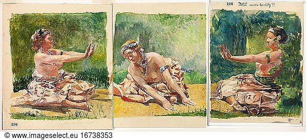 John La Farge  1835–1910. Siva Dance: Triptych of Seated Single Figures   1890–1891. Watercolor and opaque watercolor  with pastel  on cream wove paper (left); watercolor and opaque watercolor on cream wove paper (center); watercolor and opaque watercolor  with touches of pastel  on cream wove paper (right)  mounted overall to pulp board  359 × 315 mm.
Inv. No. 2014.1148 
Chicago  Art Institute.