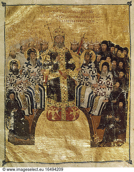 John VI. Kantakuzenos  byzantin.Emperor (1341–1354)  1295–1383.Emperor John VI at the Synod of 1351.(at this synod  he accepted recognition of the legal faith of Hesychasmus).Byzantine  circa 1370–1375.Cod. Gr. 1242  fol. 5v.Paris  Bibliothèque Nationale.