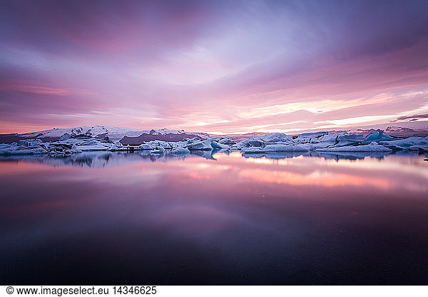 Jokulsarlon Glacier Lagoon after a stunning sunset  South Iceland  Iceland  Polar Regions