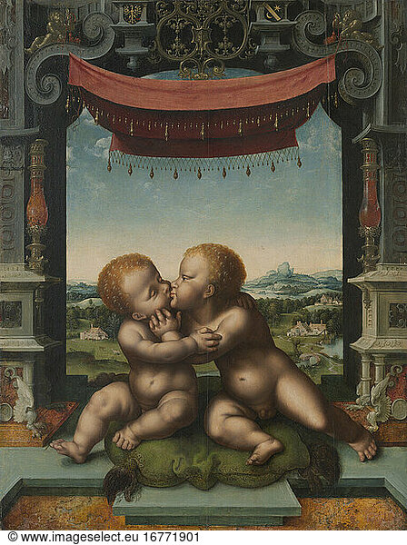 Joos van Cleve  Active by 1507–1540/41. The Infants Christ and Saint John the Baptist Embracing   1520–1535. Oil on panel.
Inv. No. 1975.136 
Chicago  Art Institute.
