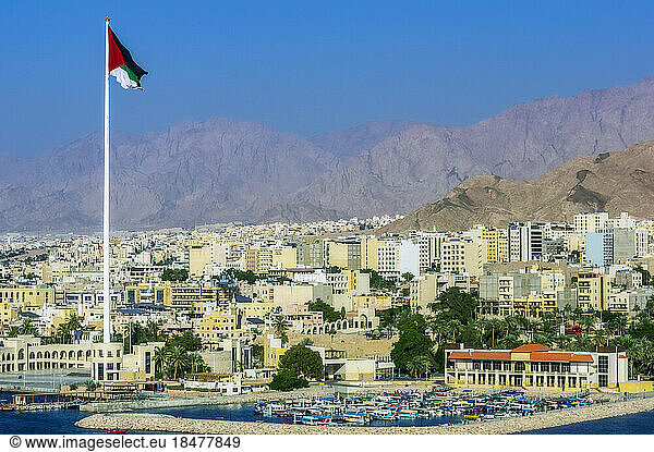 Jordanian Flag on tall pole in Aqaba city