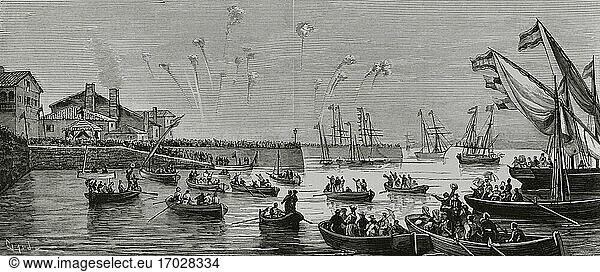 Journey of the King and Queen of Spain to Galicia (August 16  1881). Galicia  Pontevedra province  Carril. The King Alfonso XII and Queen Maria Cristina disembarking in the port of Carril. Engraving by Capuz. La Ilustracion Española y Americana  1881.