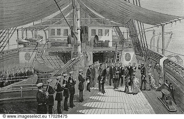 Journey of the kings of Spain to Galicia. Alfonso XII (1857-1885) and María Cristina de Habsburgo-Lorena (1858-1929). Visit of the Kings to the frigate Zaragoza on August 12  1881. Illustration by Riudavets. Engraving by Capuz. La Ilustracion Española y Americana  1881.
