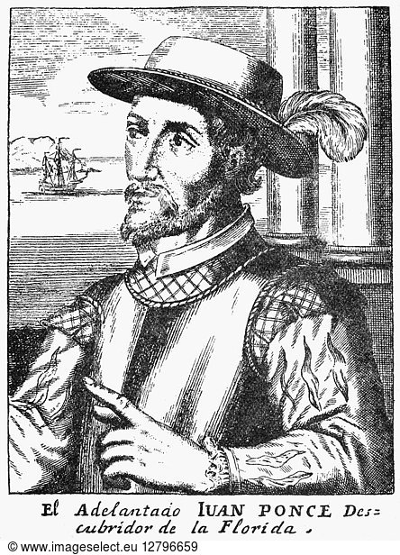 JUAN PONCE DE LEON (1460-1521). Spanish explorer and colonial administrator in America. Line engraving  Spanish  1728.