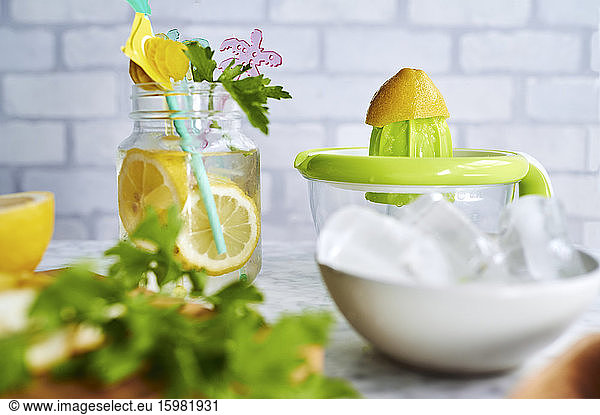 Juicer anf pitcher of fresh homemade lemonade