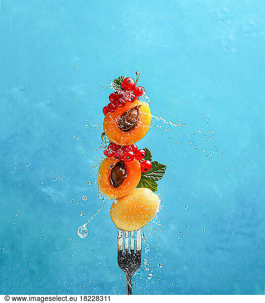 Juiciness apricot and currants on fork. Fruits with water splashes