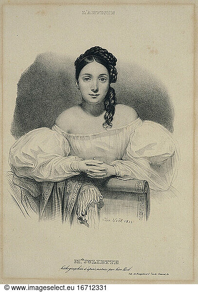 Juliette Drouet  (Juliette-Joséphine Gauvain)  French actress 
Mistress Victor Hugos; Fougères 1806 –
Paris 1883. “M. Elle JULIETTE . Lithograph  1832  by Alphonse Léon Noël (1807–1884).
Paris  Musée Victor Hugo.