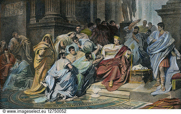 JULIUS CAESAR (100-44 B.C.). Roman general and statesman. The assassination of Julius Caesar by Roman nobles  including Marcus Junius Brutus and Caius Cassius Longinus  at the Senate on the Ides of March  15 March 44 B.C. Line engraving  late 19th century  after a painting by Karl von Piloty (1826-1886).
