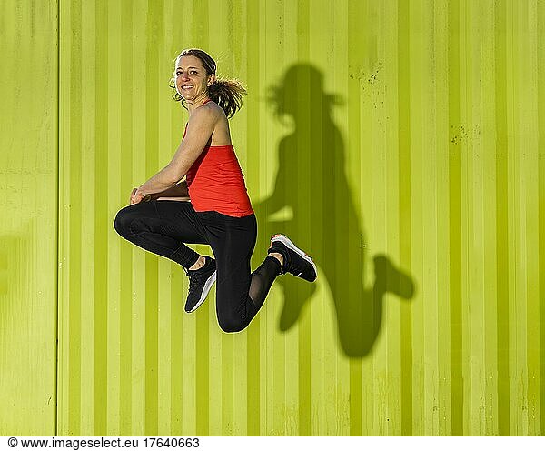 Jump  woman doing fitness training  Schorndorf  Baden-Württemberg  Germany  Europe