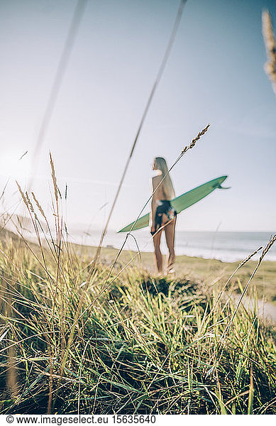 Junge blonde Surferin am Strand  Fokus auf Gras im Vordergrund