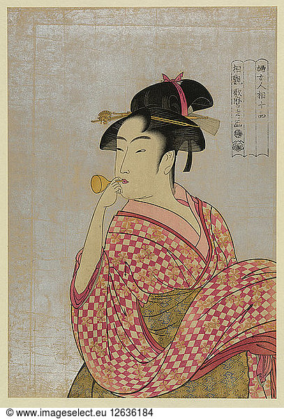 Junge Frau  die eine Glaspfeife bläst (poppin)  aus der Serie Ten Types in the Physiognomic Study of Wo Artist: Utamaro  Kitagawa (1753-1806)