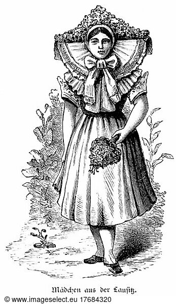 Junge Frau in Tracht  Lausitz  Ostdeutschland  Porträt  Blumenstrauß  historische Illustration 1881