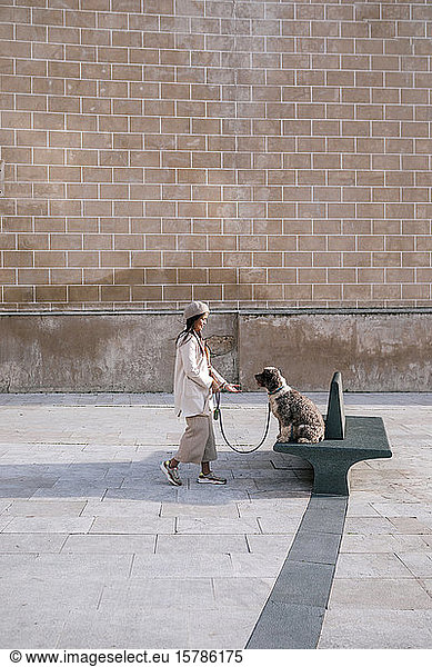 Junge Frau mit ihrem Hund in der Stadt auf einer Bank