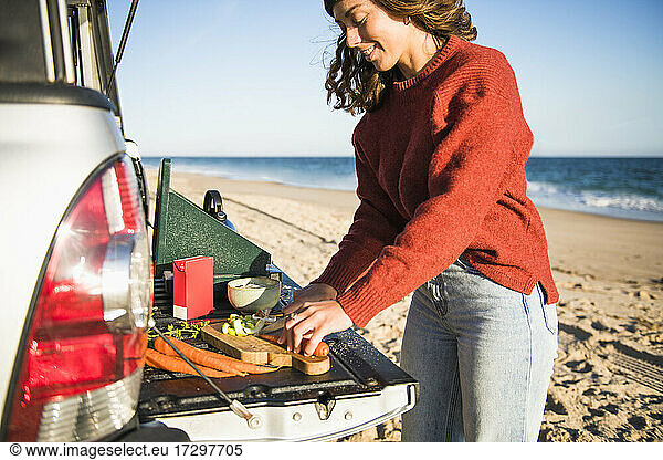 Junge Frau Tailgating Kochen während Strand Auto Camping allein