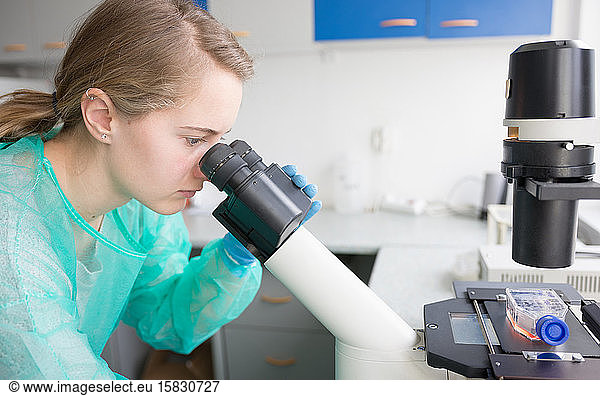 Junge Frau untersucht unter dem Mikroskop das Verhalten von Viren