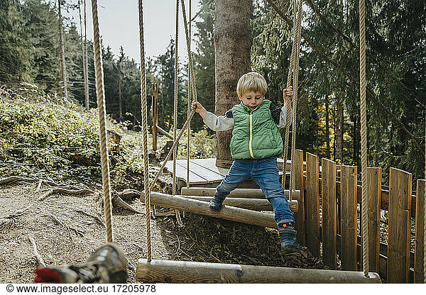 Junge im Hochseilgarten im Wald im Salzburger Land  Österreich