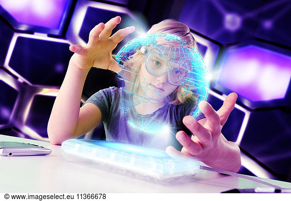 Junge interagiert mit schwebendem digitalen Globus
