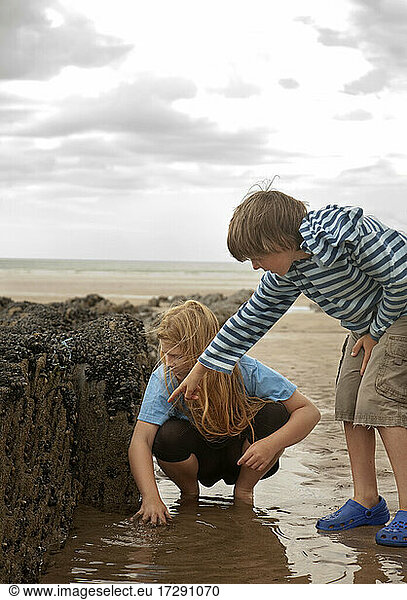 Junge zeigt beim Erkunden am Strand auf einen Gegenstand