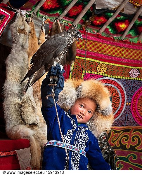 Junger Falkenjäger  glücklicher Junge mit dressiertem Falken  Provinz Bajan-Ölgii  Mongolei  Asien
