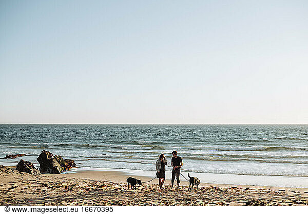 Junges Millennial-Paar mit zwei Hunden am Strand in Portugal  Weitwinkel