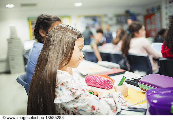 Junior high school girl student doing homework at desk in classroom