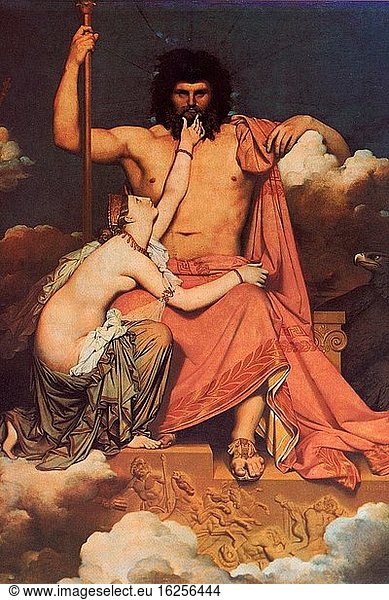 Jupiter und Thetis: Sie sank neben ihm zu Boden  legte ihren linken Arm um seine Knie  hob ihre rechte Hand  um sein Kinn zu berühren  und richtete so ihre Bitte an den königlichen Sohn des Cronos : Ilias  I.'