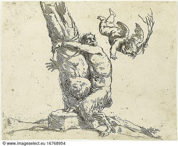 Jusepe de Ribera  1588–1652. Cupid Punishing a Satyr  1608–1652. Etching on paper  166 × 208 mm.
Inv. No. 1951.388 
Chicago  Art Institute.