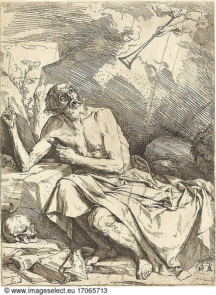 Jusepe de Ribera  1591 – 1652. Saint Jerome Hearing the Trumpet of the Last Judgment  1621. Etching  drypoint  and engraving.
Inv. Nr. 1943.3.7356 
Washington  National Gallery of Art.