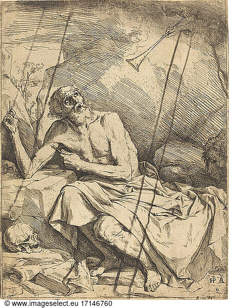 Jusepe de Ribera  1591 – 1652. Saint Jerome Hearing the Trumpet of the Last Judgment  1621. Etching  drypoint  and engraving.
Inv. Nr. 1976.12.1 
Washington  National Gallery of Art.