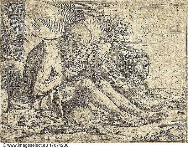Jusepe de Ribera  1591 – 1652. Saint Jerome Reading  ca 1624. Etching  engraving  and drypoint.
Inv. Nr. 1970.10.15 
Washington  National Gallery of Art.