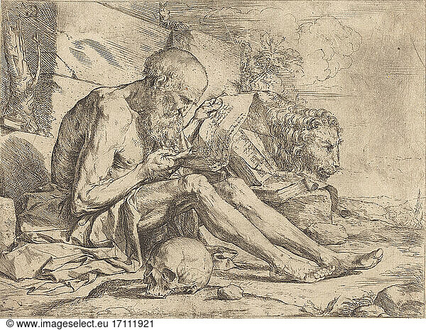Jusepe de Ribera  1591 – 1652. Saint Jerome Reading  ca 1624. Etching with some engraving and drypoint on laid paper  19.1 × 25.3 cm.
Inv. Nr. 1997.88.4 
Washington  National Gallery of Art.