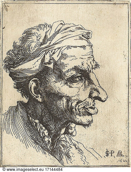 Jusepe de Ribera  1591 – 1652. Small Grotesque Head  1622. Etching on laid paper  14.4 × 11.1 cm.
Inv. Nr. 2003.26.2 
Washington  National Gallery of Art.