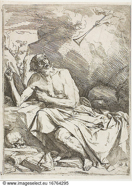 Jusepe de Ribera  1591–1652. St. Jerome Hearing the Trumpet of the Last Judgment  1621. Etching and engraving on paper  320 × 239 mm.
Inv. No. 1941.131 
Chicago  Art Institute.