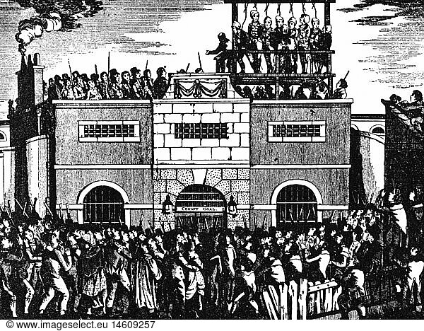 justice  penitentiary system  hanging  public execution on the gallows  Tyburn  engraving  18th century  18th century  graphic  graphics  Great Britain  jurisdiction  penalties  punishment  punishments  death penalty  building  buildings  gallows  gibbet  gibbets  viewer  viewers  audience  audiences  hanging  hang  execution  executions  historic  historical  crowd  crowds  people