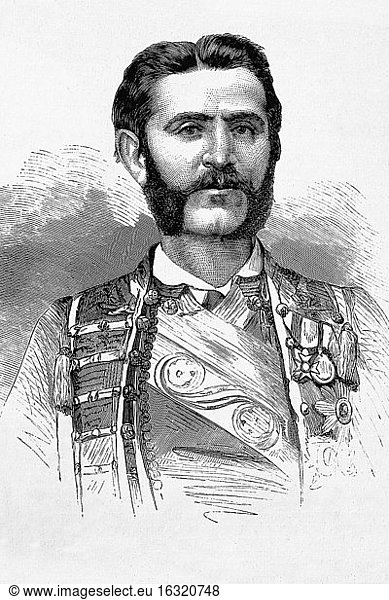 König Nikolaus I. von Montenegro. 1841-1921. Antike Illustration. 1875.