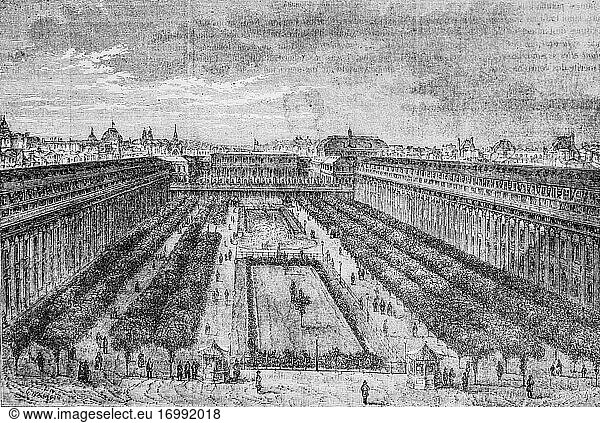 Königlicher palastgarten  paris gemälde von edmond texier  herausgeber paulin et le chavalier 1853.